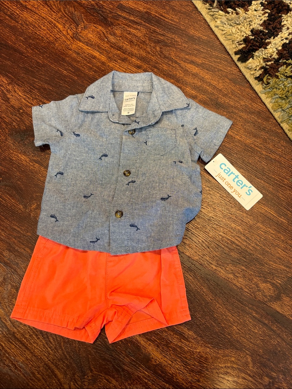 Carter's Blue Whale-Print Button Down Shirt with Coral Shorts